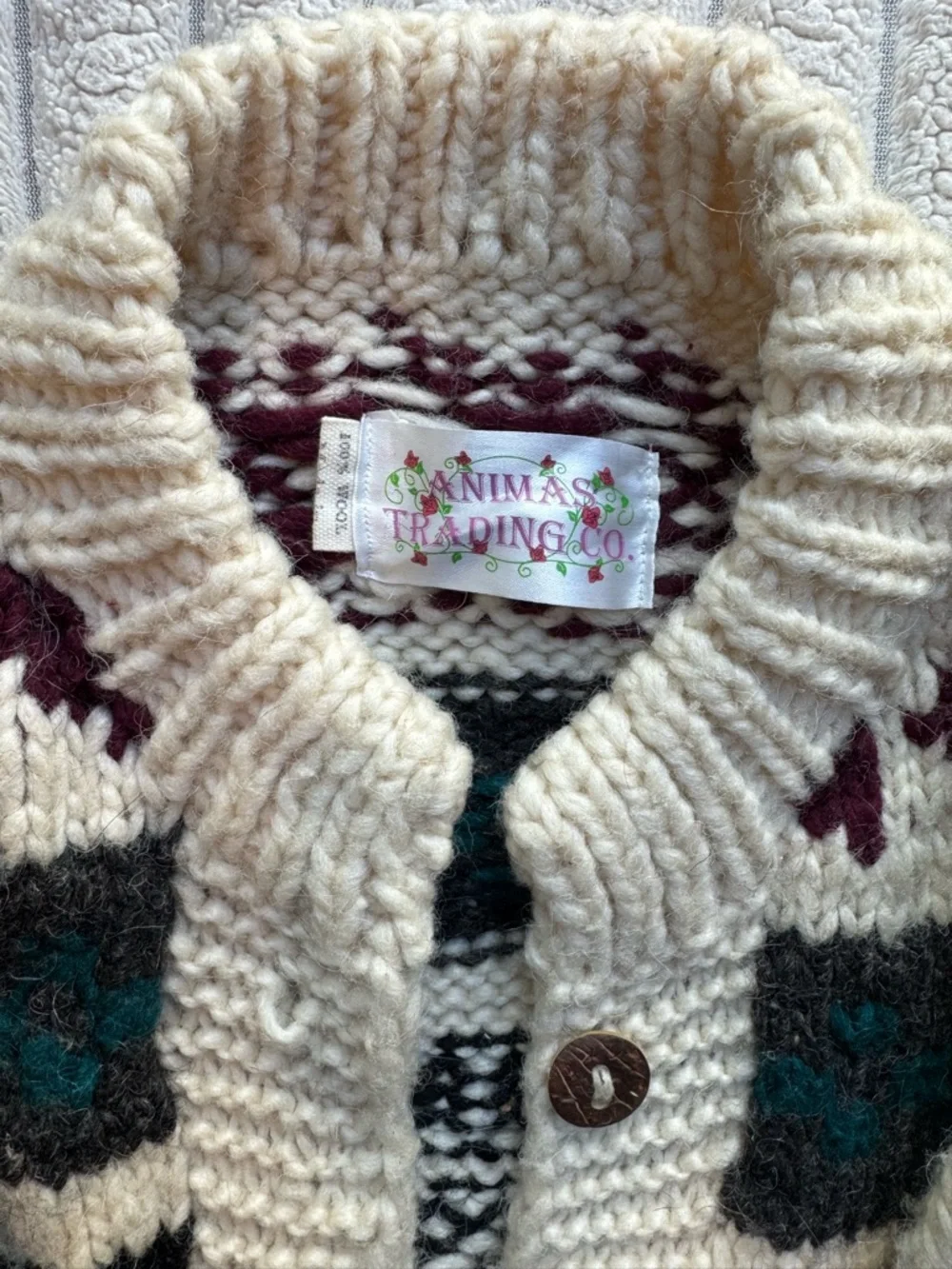 Cozy Fair Isle Cream Cardigan Sweater with Teal & Burgundy Accents - Picture 3 of 4
